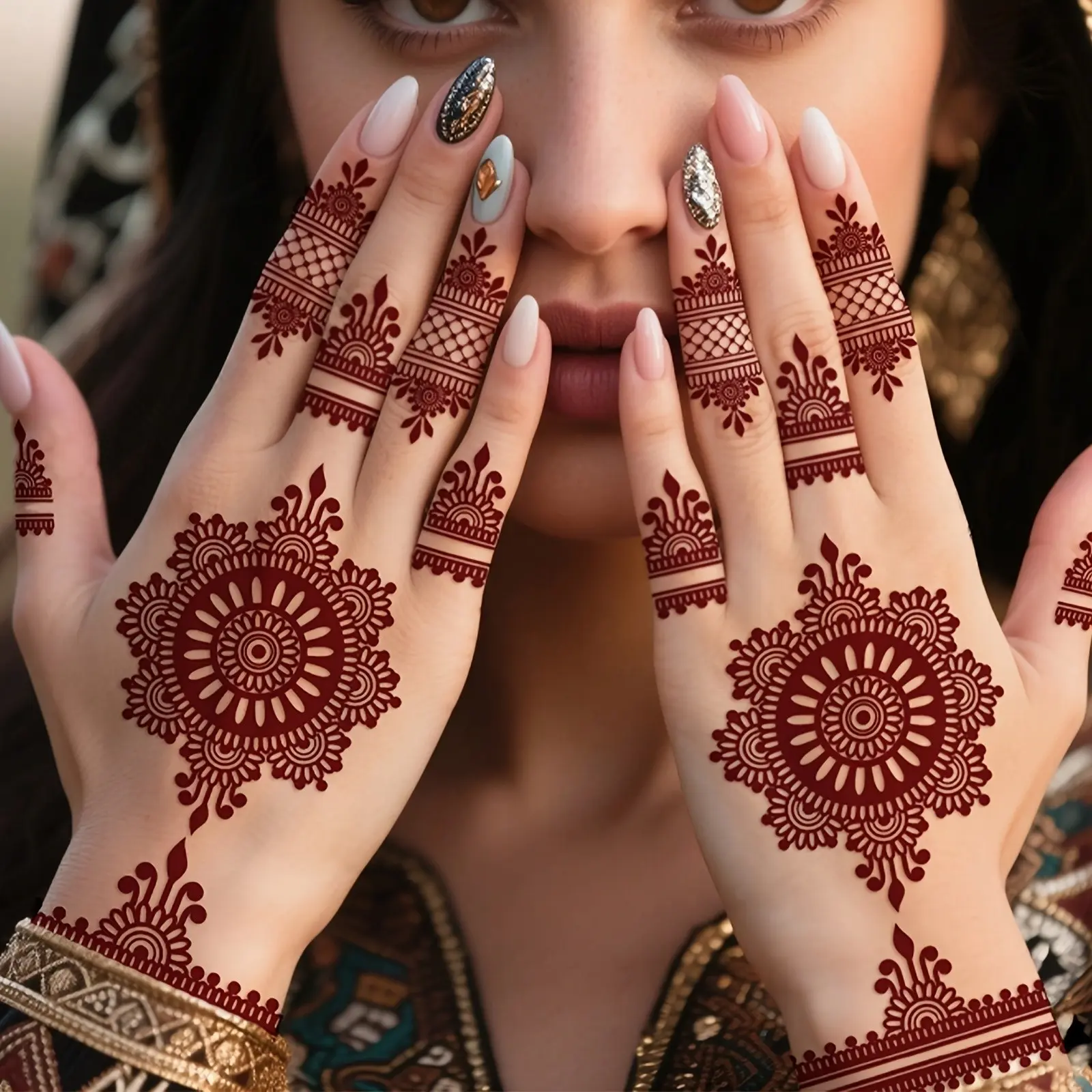2 pieces of red brown Indian Hainana flower vine gyro geometric flower lotus lace Floral temporary tattoo stickers suitable for sending a wedding birthday, tattoo stickers