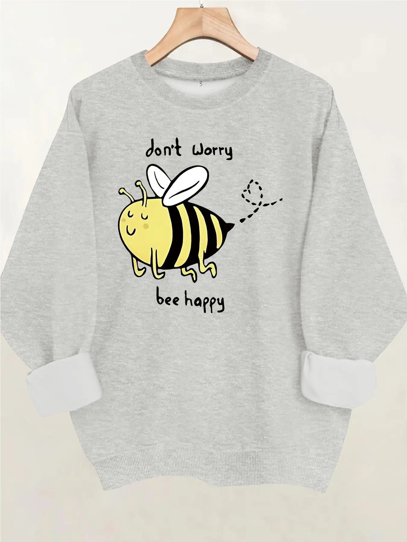 Women's Bee Print Round Neck Fleece Sweatshirt, Casual Long Sleeve Top, Comfortable All Seasons, Durable Fabric