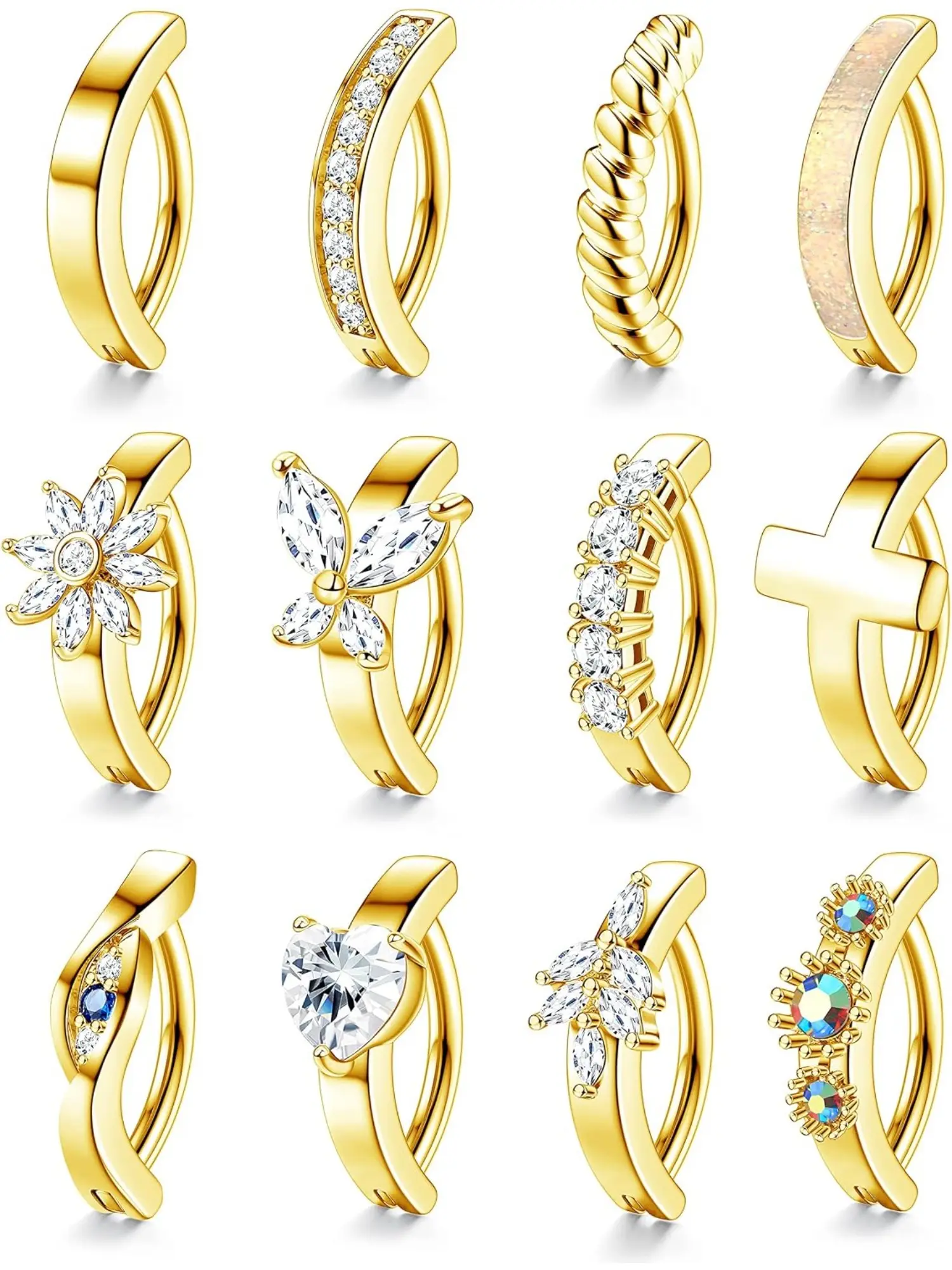 12Pcs Women Hypoallergenic Surgical Steel Reverse Navel Clicker Ring Bundle, 14G Simple Belly Button Piercing Jewelry Inlaid CZ & Opal