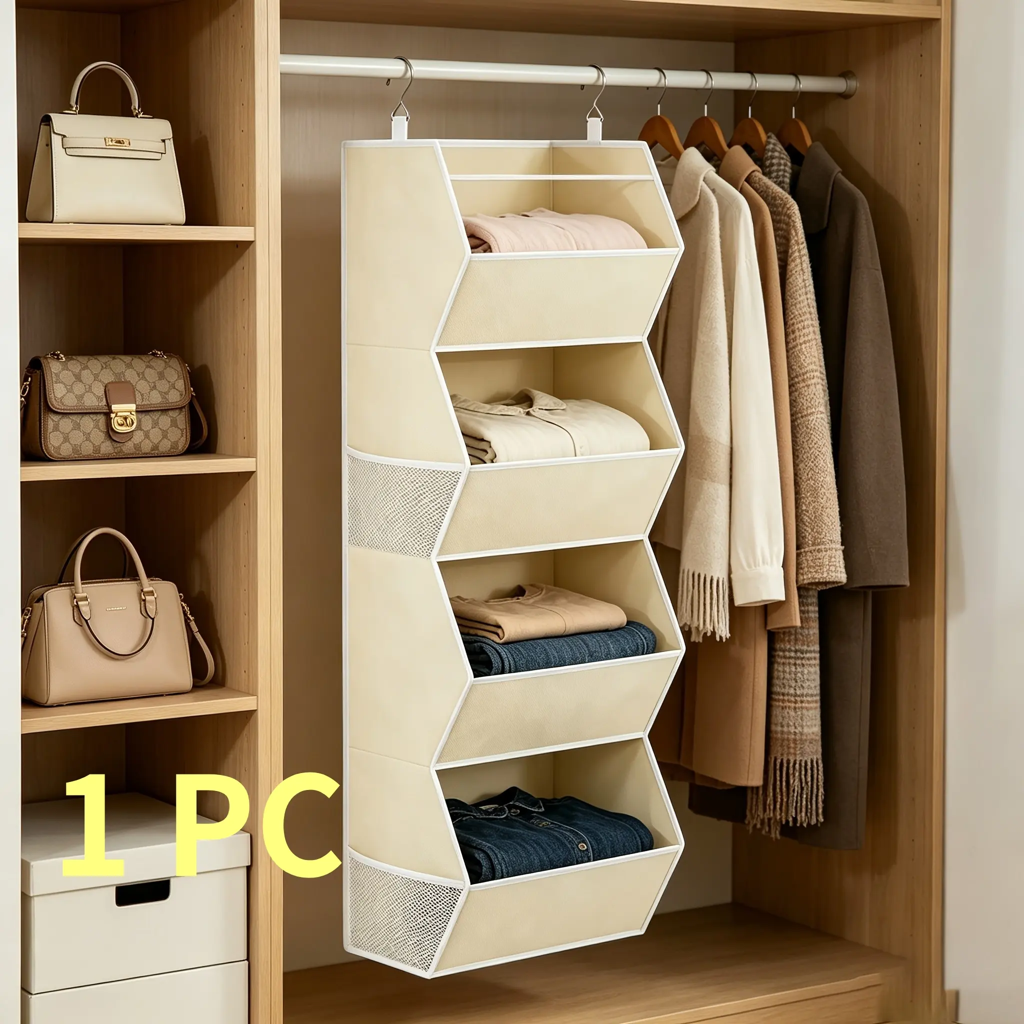 Hanging Closet Organizer – 4-Tier Hanging Storage Unit with Foldable Bins; Space-Saving Organizer for Clothes, Hats, Bags, and Shoes; Suitable for Homes, Dorms, and RVs; Fabric Storage Organizers; Storage Organizer Units