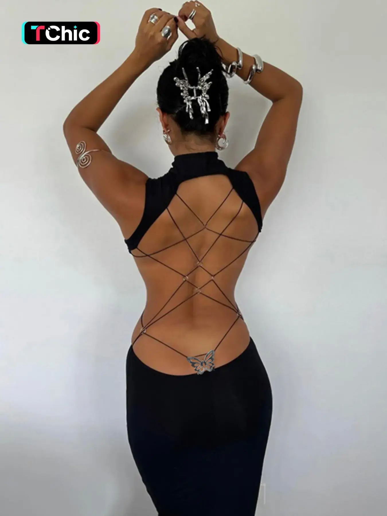Women's Backless Butterfly Decor Bodycon Dress, Fashionable High Neck O-ring Tank Dress for Party Club Dating Wear, Dresses for Women, Fall Dresses, Ladies Back To School Clothes for Fall, Birthday Dresses 2026,dresses for women