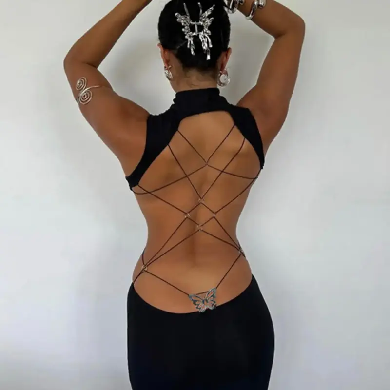 Women's Backless Butterfly Decor Bodycon Dress, Fashionable Elegant High Neck O-ring Tank Dress for Party Club Dating Wear, Dresses for Women, Fall Dresses, Ladies Back To School Clothes for Fall, Birthday Dresses 2026,dresses for women