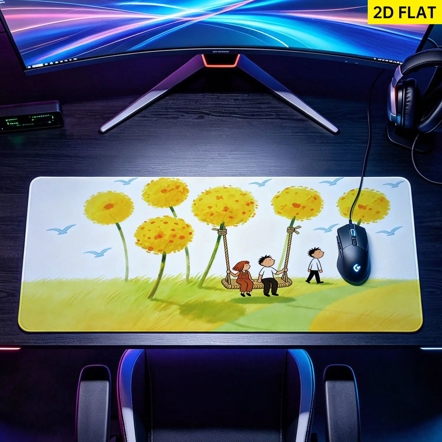 Extra Large yellow flower garden illustration Mouse Pad,Non Slip Rubber Pad,Desktop Decoration Drotection Pad,Washable,Lock Edge Multi Size,Premium Multipurpose Mousepad For Home,Office,Gift for Family and Friends