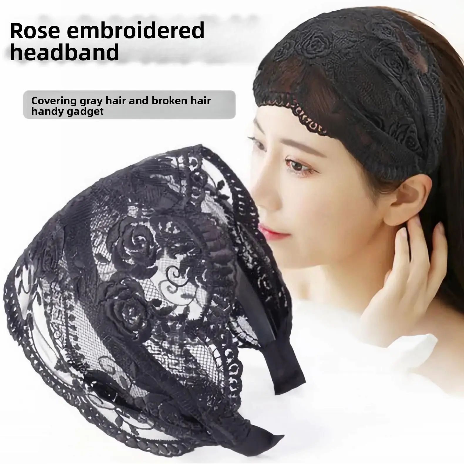 Black 3D Rose Embroidery Lace Wide Headband Hollow Scalloped Mesh Hair Hoop Women Daily Cover Gray Hair Elegant Hair Accessory