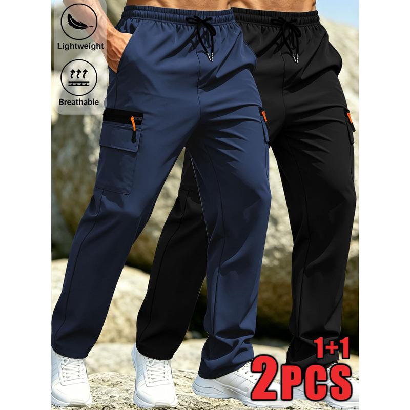 Men's 2-Pack Lightweight Work Joggers - Male Clothing, Quick Drying, Breathable, Orange Decorative Zipper, Practical Pockets, Machine Washable, for Camping & Commuting