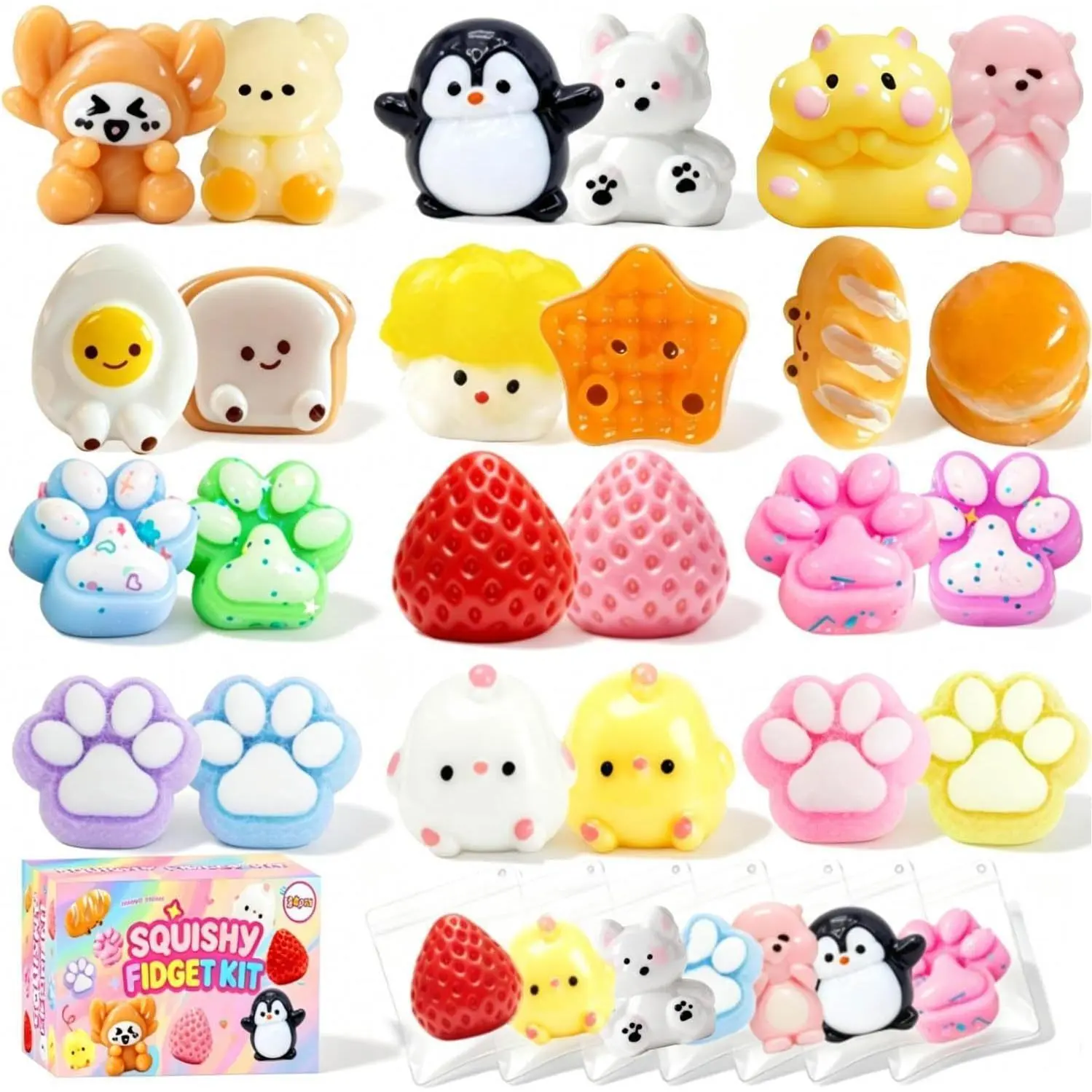 ZiZa Squishy Toys - 24Pcak Mini Squishy Fidget Stress Relief Squeze Toys Kit, Includ Taba Animals, Strawberry, Cat Paw Penguin, Hamster, Squishies Squishys Birthday Christmas Gift for Girls Kids
