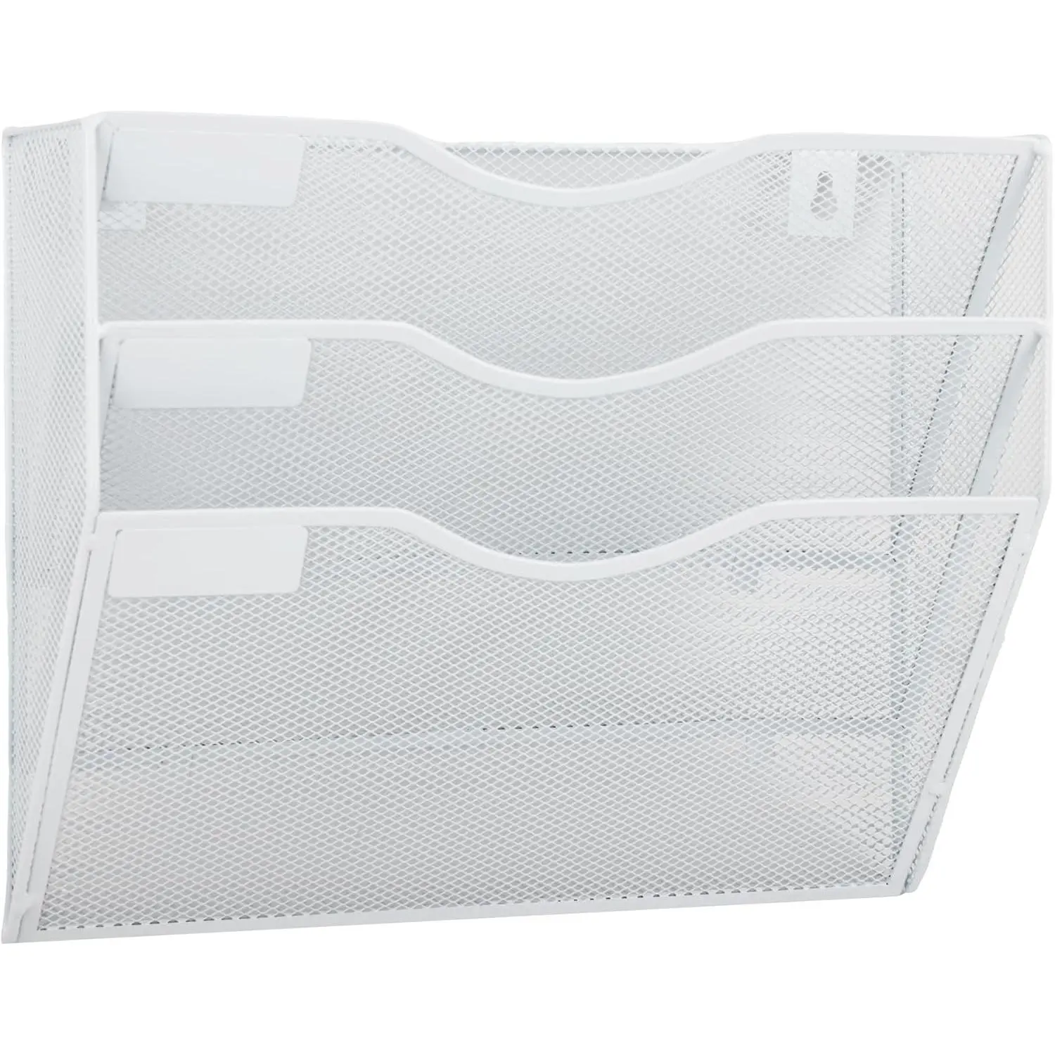 BoDoux 3 Pocket Mesh Hanging Wall File Organizer, Wall Mounted Mail Paper Document Folder Holder, Clipboard Storage Organization Magazine Rack with Nametag Label for Office Home School, White