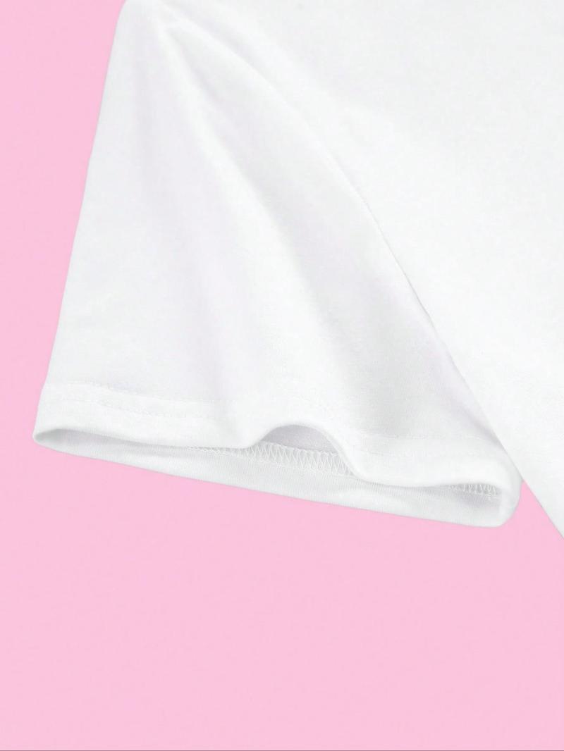 Women's Beverage Print Round Neck Crop Tee, Casual Short Sleeve Crew Neck T-shirt for Daily Wear, Summer Tops, Ladies Back To School Clothes for All Seasons