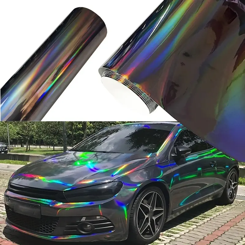Glossy Plating Holographic Laser Chrome Black Vinyl Wrap Film With Air Release Self Adhesive DIY Car Motorcycle Bicycle Decoration Sticker Decal Car Stickers