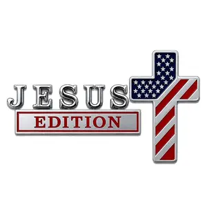 Blessed Jesus Edition Cross Emblem Metal Badge, 3D Jesus Christ Cross Edition Car Emblem Stickers with American Flag, Christian Auto Emblem Decal for SUV RV Truck