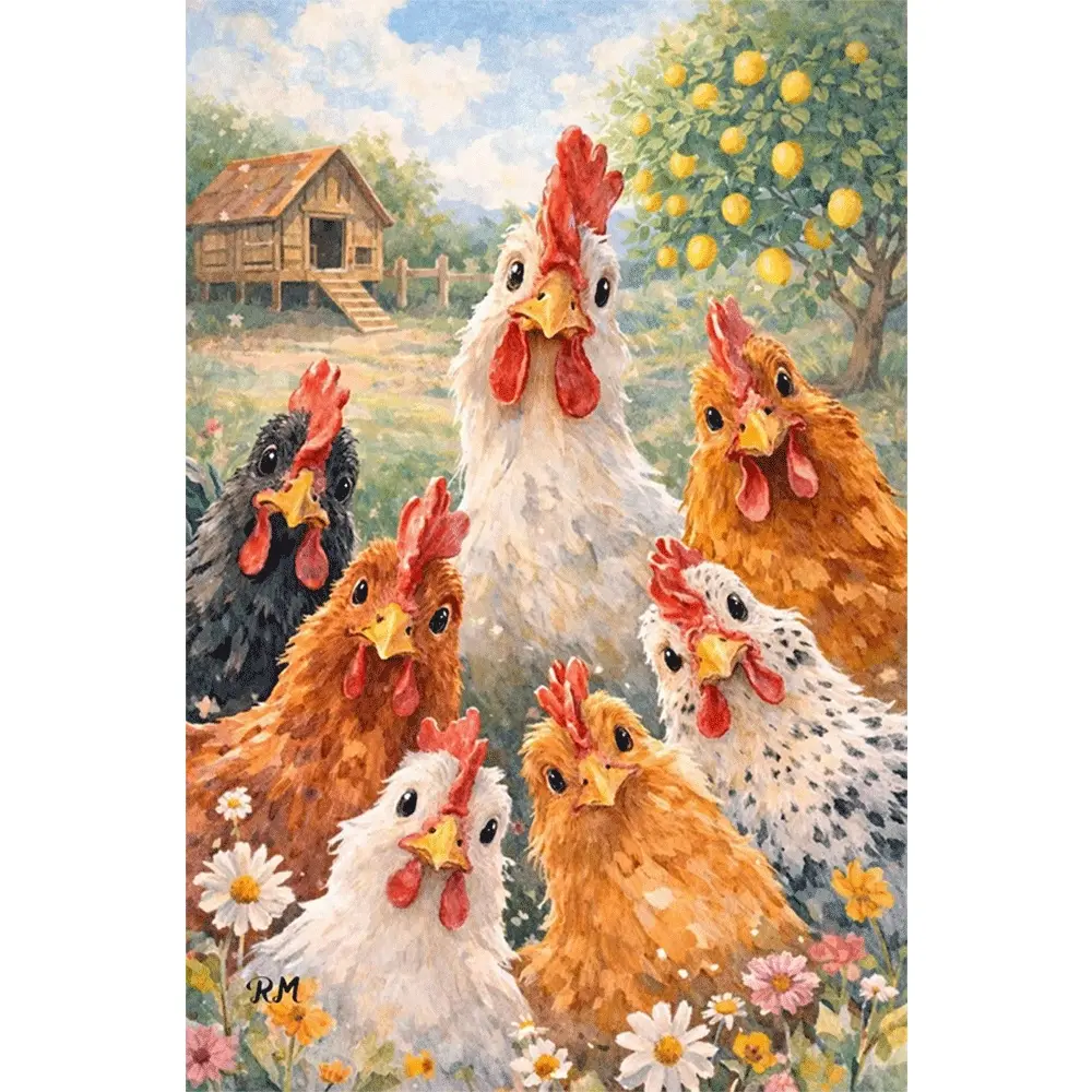 1PC,2D Diamond Painting Kit 5D DIY Farm Animals Chickens with Wooden Coop Lemon Tree Landscape Full Drill Rhinestone Embroidery Arts Craft for Home Wall Decor Adults Kids Beginners 30x40cm
