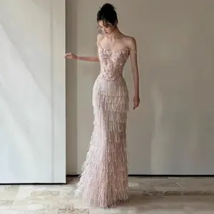 Luxury Tassel Spaghetti Strap Evening Gown Women High End Bridal Shower Reception Host Dress Elegant Formal Party Prom Outfit