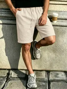 Men's Vintage Linen Texture Shorts, Drawstring Mid Waist Loose Fit, Casual Beach Daily Commute, Retro Five-Pocket Design