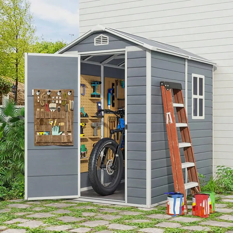 6x4 FT Outdoor Storage Shed With Floor, Resin Tool Shed With Lockable Doors, Window, Vents, Reinforced Steel Frame, Waterproof Plastic Storage Sheds Backyard, Patio, Lawn