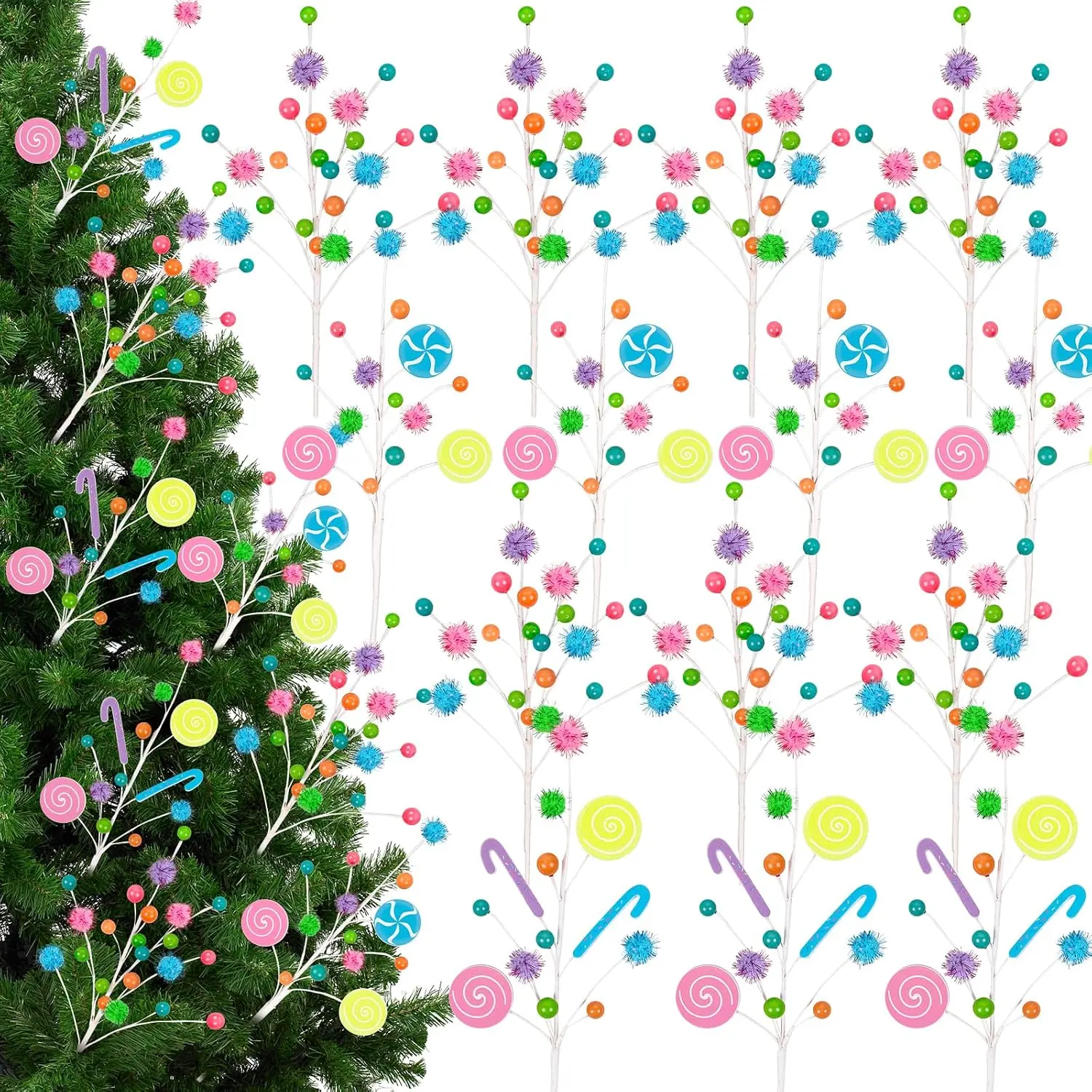14 count Candyland Christmas Decorations Candy Tree Picks Sprays | Macaron Pastel Ornaments Xmas Tree Toppers Vase Fillers Holiday Party Decor Displays
