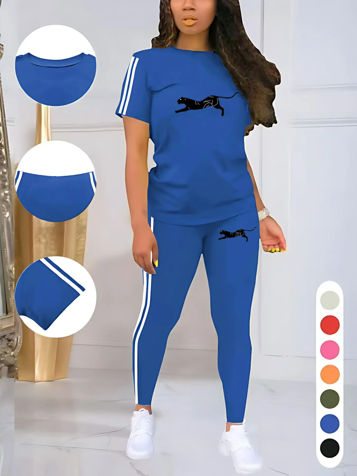 Leopard Print Casual Sporty Round Neck Drawstring Short Sleeve and Long Pants Two-Piece Set, Comfortable Fitted Tee and Unlined Bottoms