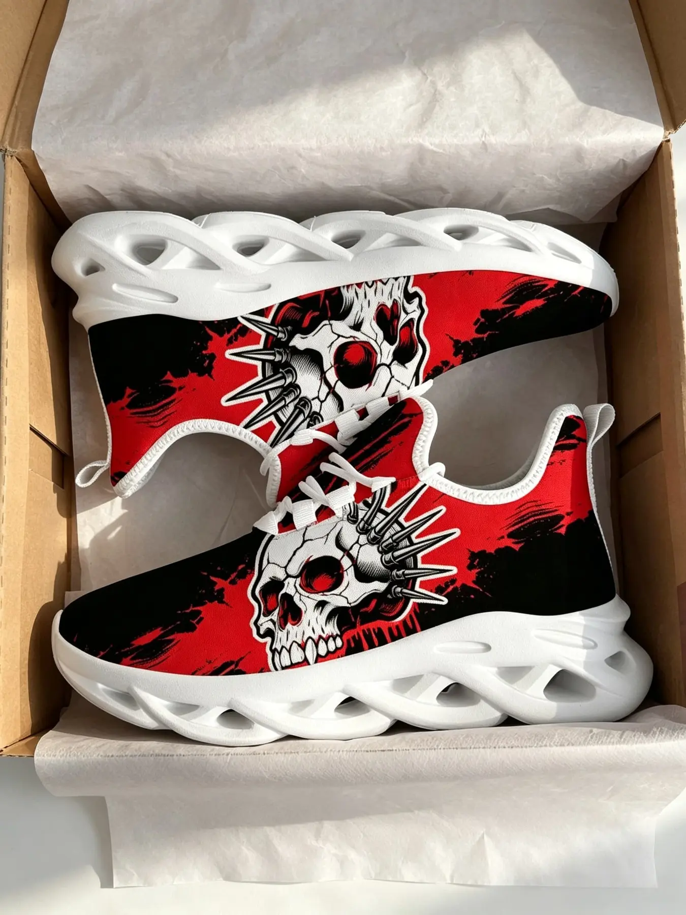1 Pair Unisex Dark Cool Casual Running Shoes, Halloween Heavy Metal Punk Style, Lightweight Soft Sole Wear-Resistant & Rebound, Ideal for Themed Halloween Parties, City Walking and Light Sports