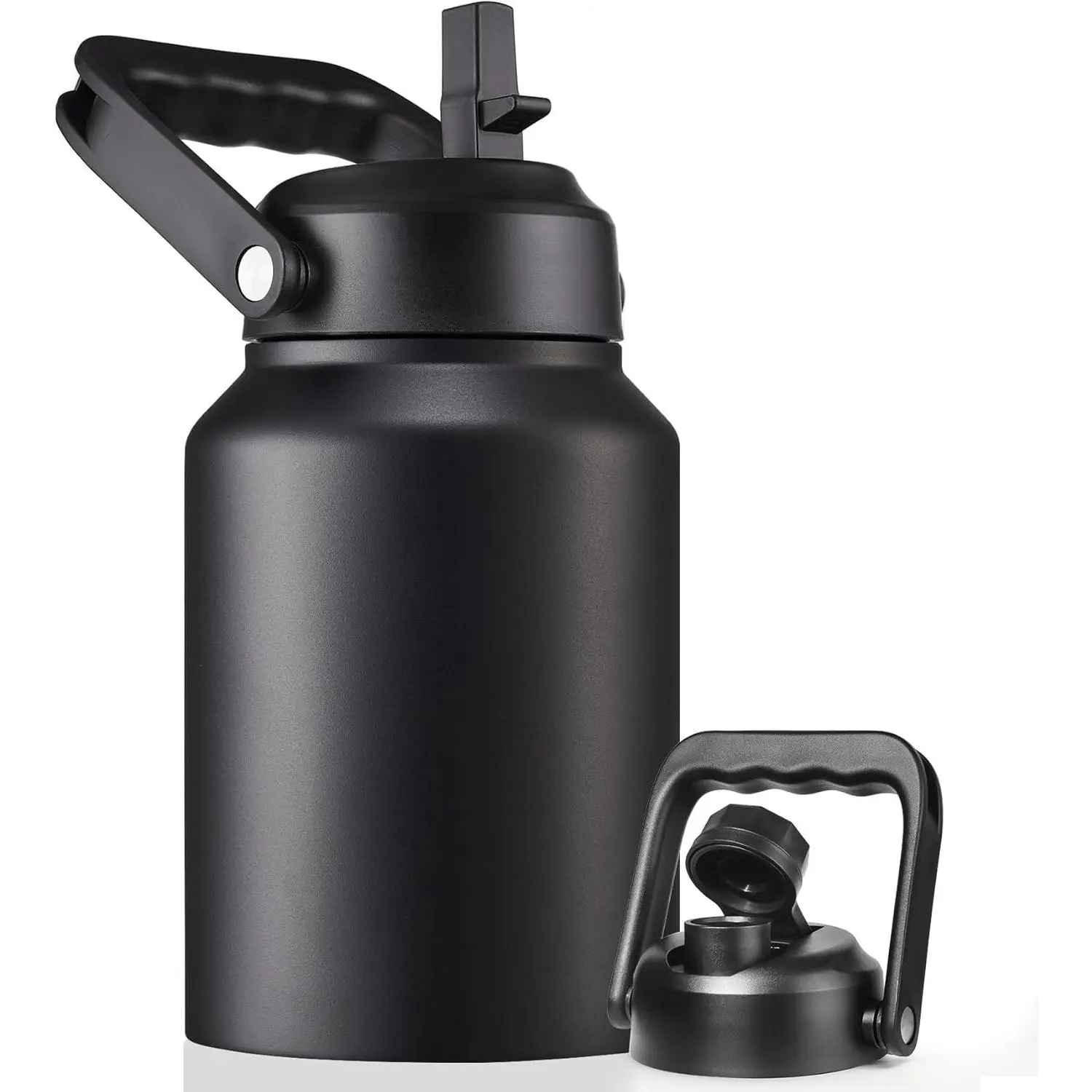 Half Gallon Insulated Water Bottle with Straw - 64oz Stainless Steel Sports Flask with Handle, Thermal Water Jug Mug with 2 Lids, BlackGift