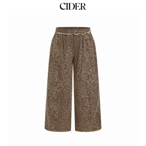 Cider Cotton-blend Mid Rise Leopard Lettuce Trim Wide Leg Trousers Curve & Plus