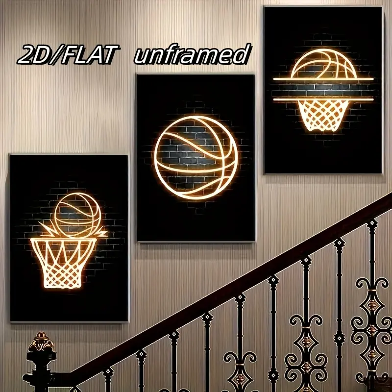 Frameless 2D Flat 3-Piece Basketball Poster Set, Canvas Neon Printed Wall Art, Modern Mural Decorative Artwork for Teenage Boys' Rooms