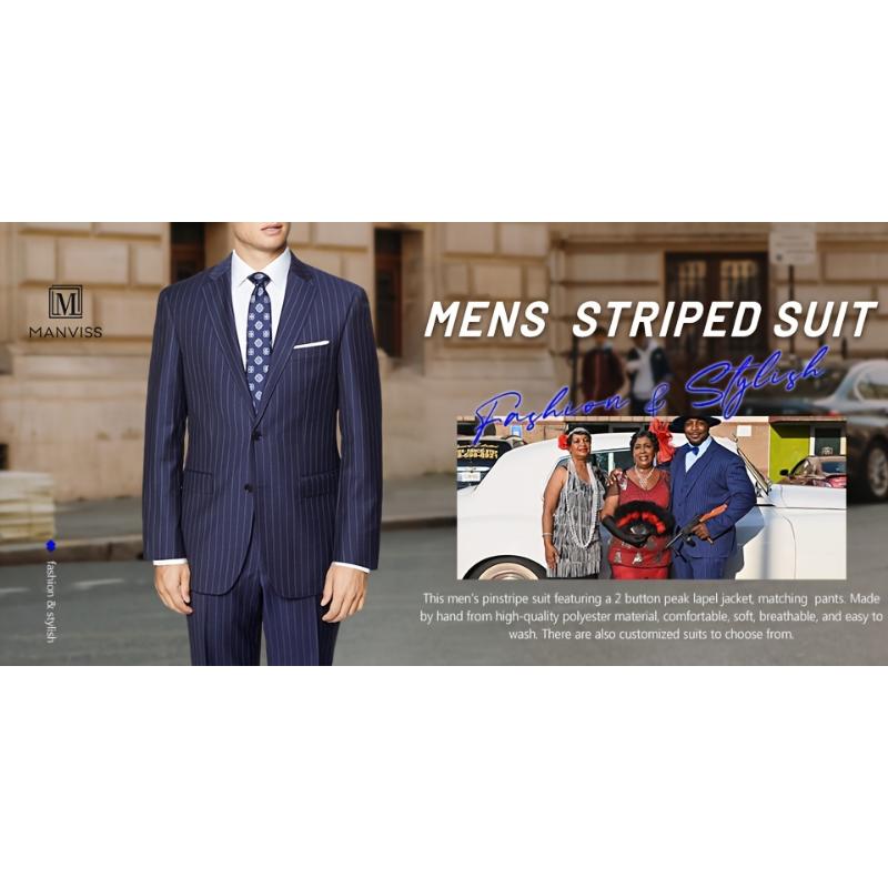 Men's Suit - 2pcs Navy Blue Pinstripe Blazer & Pants Formal Casual Wear for Weddings Business Meetings Menswear Gamis Polyester Lengthened Lengthy