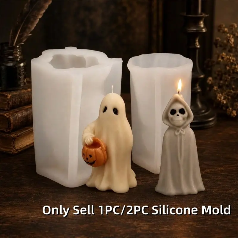 1/2PCS Halloween Ghost Candle Mold Set, 3D Pumpkin and Grim Reaper Silicone Moulds for Wax, Soap, Resin, Plaster DIY Decor