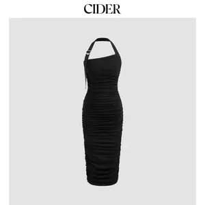 Cider [size 0-10] Halter Solid Asymmetrical Hem Ruched Maxi Dress SummerFinds