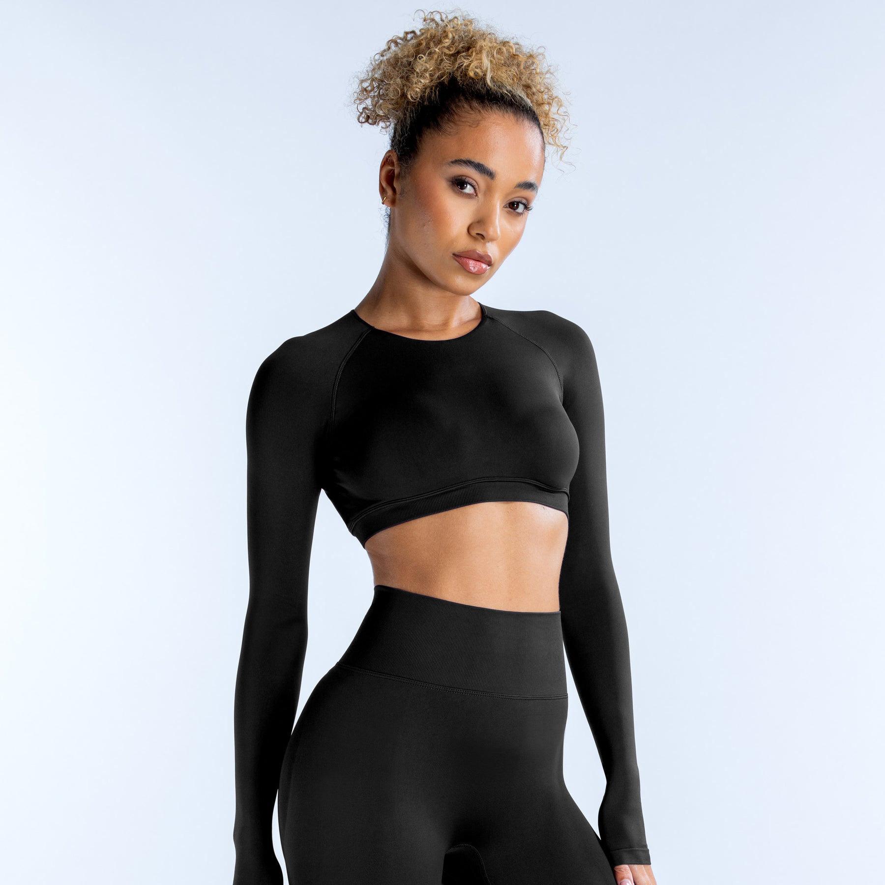 2026 DFYNE Round Neck Crop Top Navel-Baring Hollow Back Long Sleeve High Stretch Yoga Gym Shirt for Women