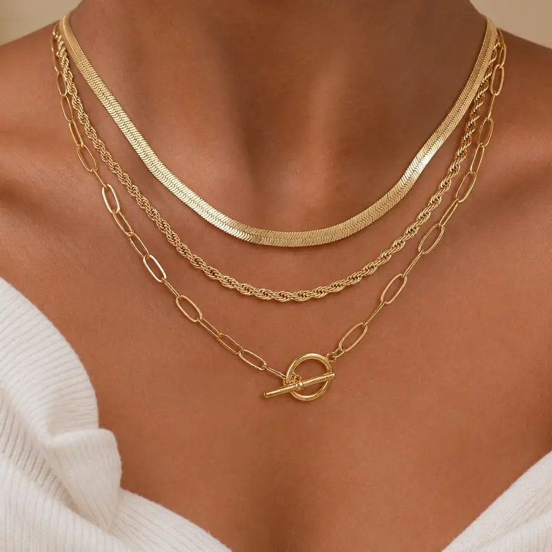 Layered Toggle Necklaces for Women, 3PCS Herringbone Rope Paperclip Chain Set, Adjustable Stacked Choker Necklace with T-Bar Clasp, Gold Silver Trendy Jewelry Gift