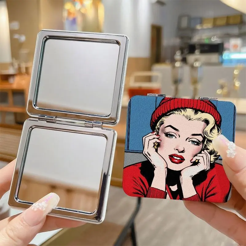 Vintage Pop Art Blonde Lady Print Compact Mirror, Double Sided Foldable Pocket Makeup Mirror, Retro Comic Woman Pattern Portable Travel Cosmetic Mirror, Gift for Women Girls