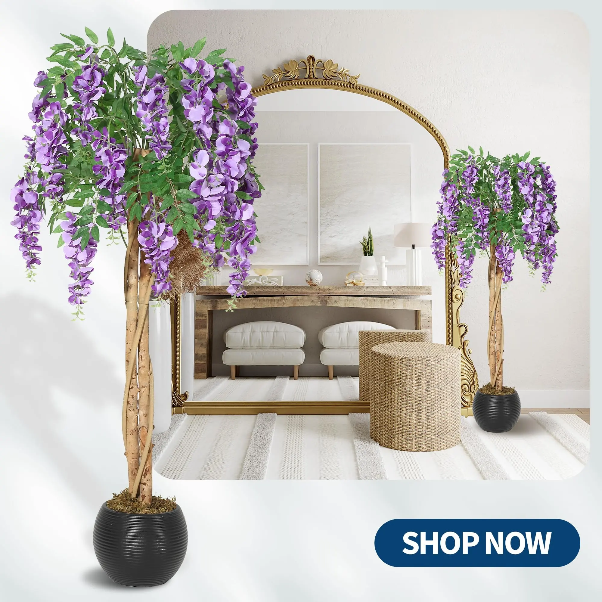 4 Feet Artificial Purple Bean Flower Tree in Cement Pot - Silk Fake Plant with Hanging Vine & Moss for Home Office Decor, Wedding Photo Backdrop