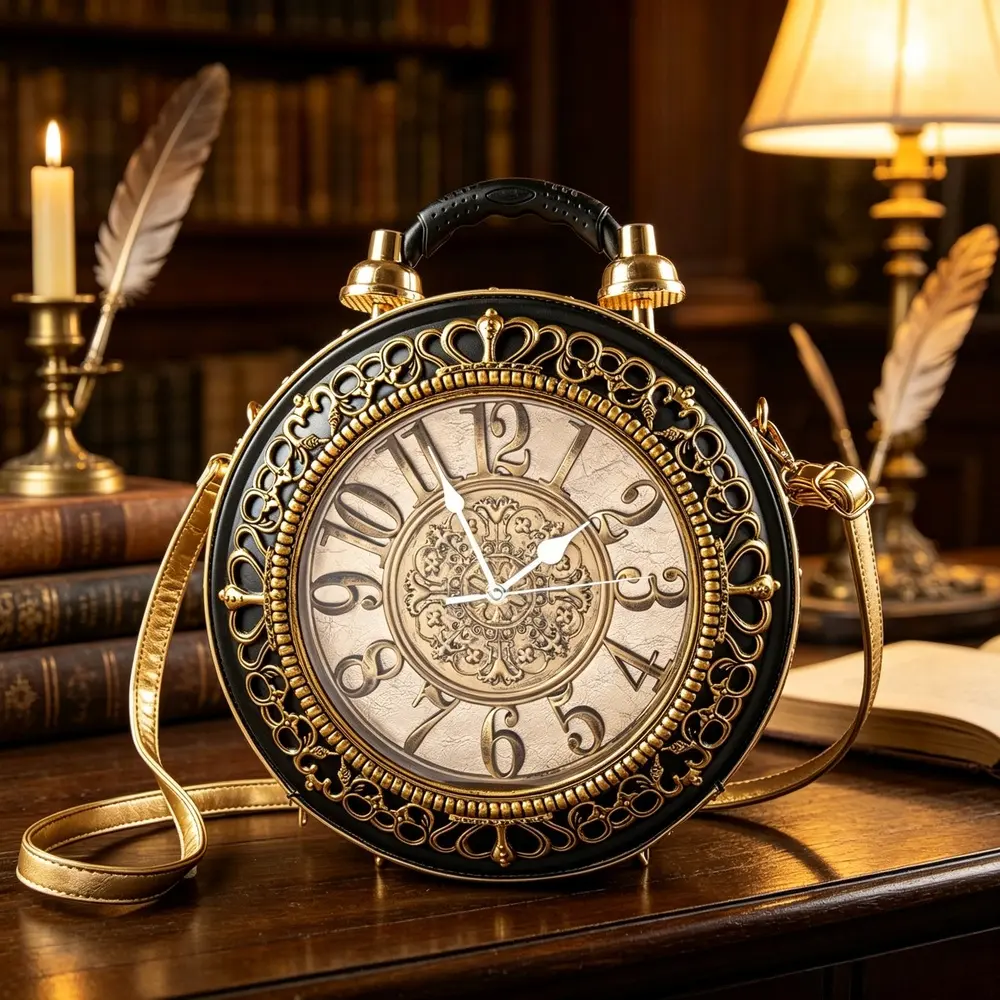 Women's Unique Vintage Clock Shaped Novelty Crossbody Bag, Retro Steampunk Style Round Handbag With Working Clock Face, Statement Top Handle Shoulder Purse For Cosplay, Parties, Streetwear & Daily Outings