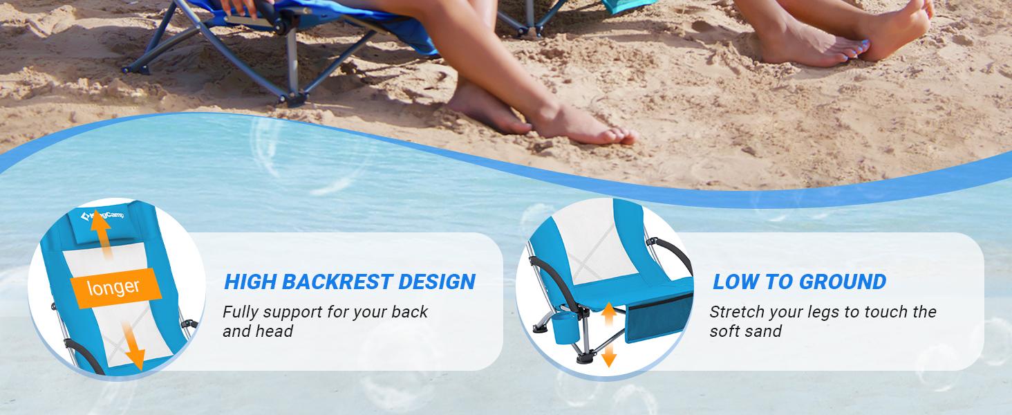 KingCamp Low Beach Chair, High Back Folding Camping Chair for Adults, Oversized Breathable Mesh Seat, 300lbs Heavy Duty Portable Chair with Cup Holder & Storage Pockets for Beach, Outdoor