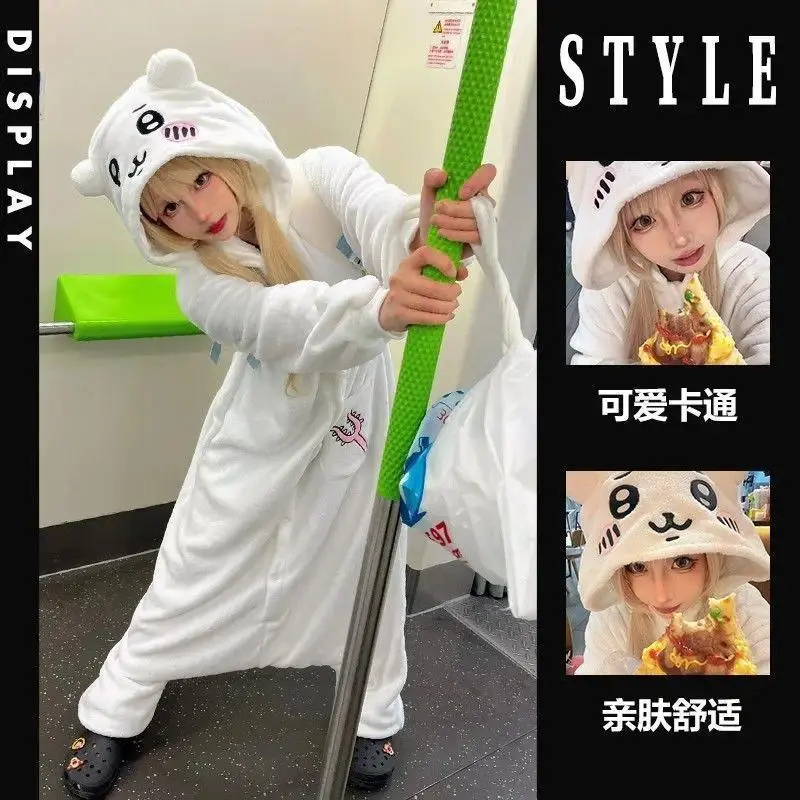 Kawaii Chiikawa Coral Velvet Hooded Pajamas for Girls Cartoon Hachiware Usagi Women's Velvet Home Clothes Autumn Winter Warm