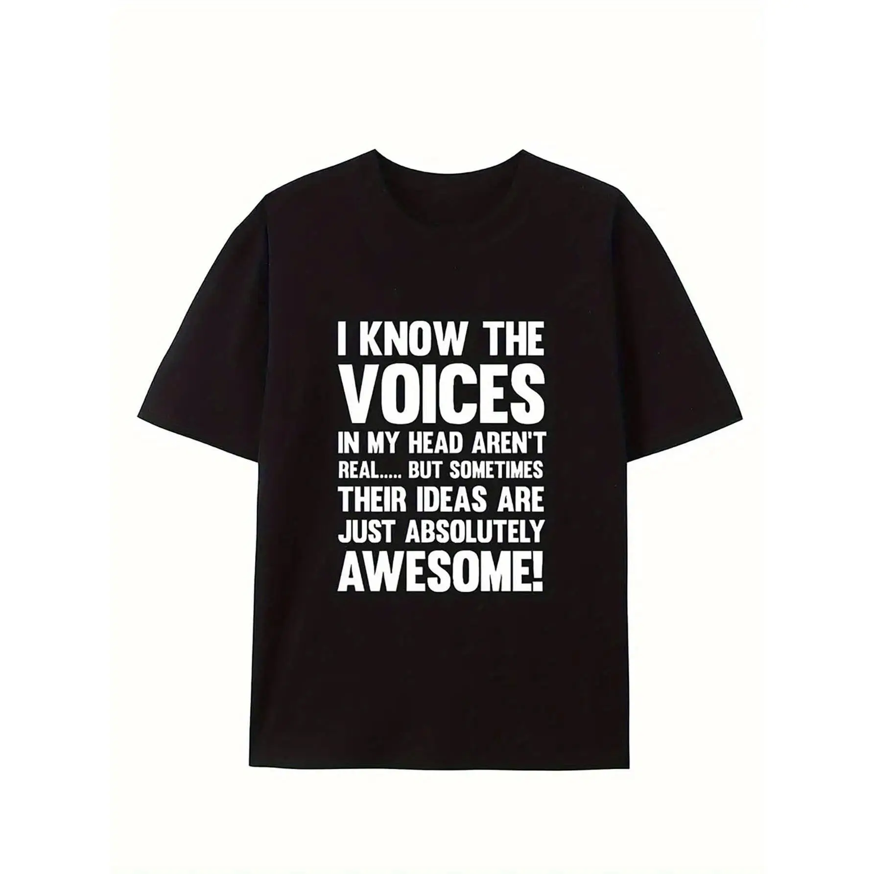 Men's Funny Voice Switch Humor T-Shirt - "I Know Voices in My Aren't Real But Sometimes Their Ideas Are Great" Graphic Tee, Casual Crew Neck Short Sleeve Shirt with Digital Print Suitable for All Seasons & Casual Attire, Machine Washable