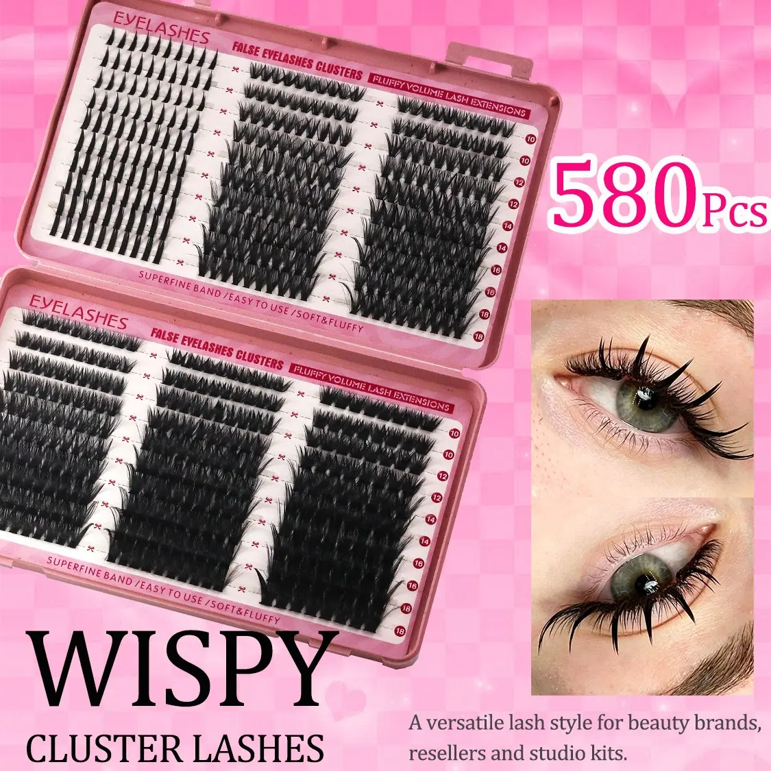 580 Pcs DIY False Eyelashes Set, 10-18mm Mixed Lengths, D Curl, Dense Style, Home Use, Asian Sharp Tip, 40D-150D, 6 Styles Included