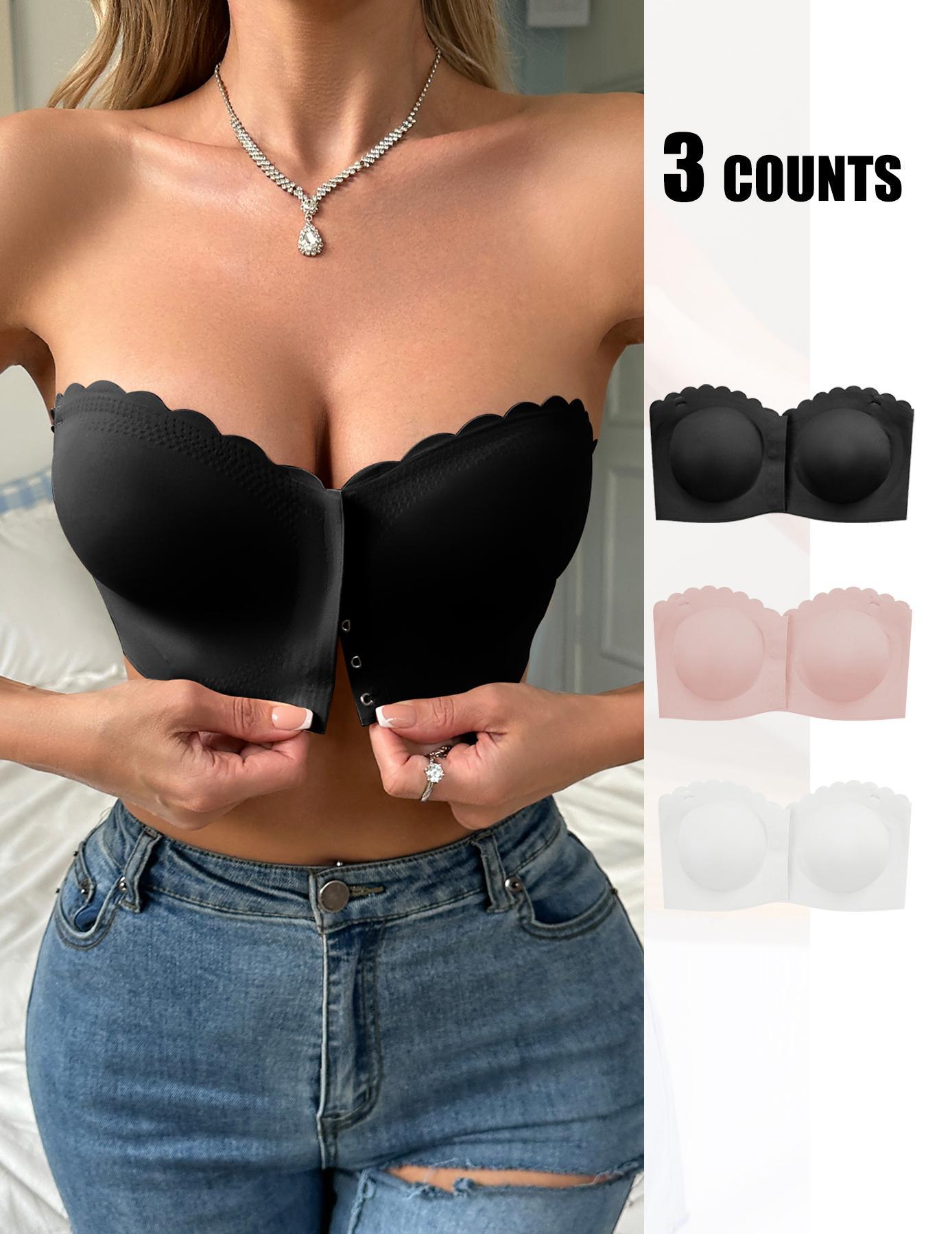 Women's Solid Scallop Trim Hook & Eye Front Wireless Bandeau Bra, Breathable Strapless Bralette Lingerie for Daily Wear, Lingerie Top for All Seasons, Bras for Women