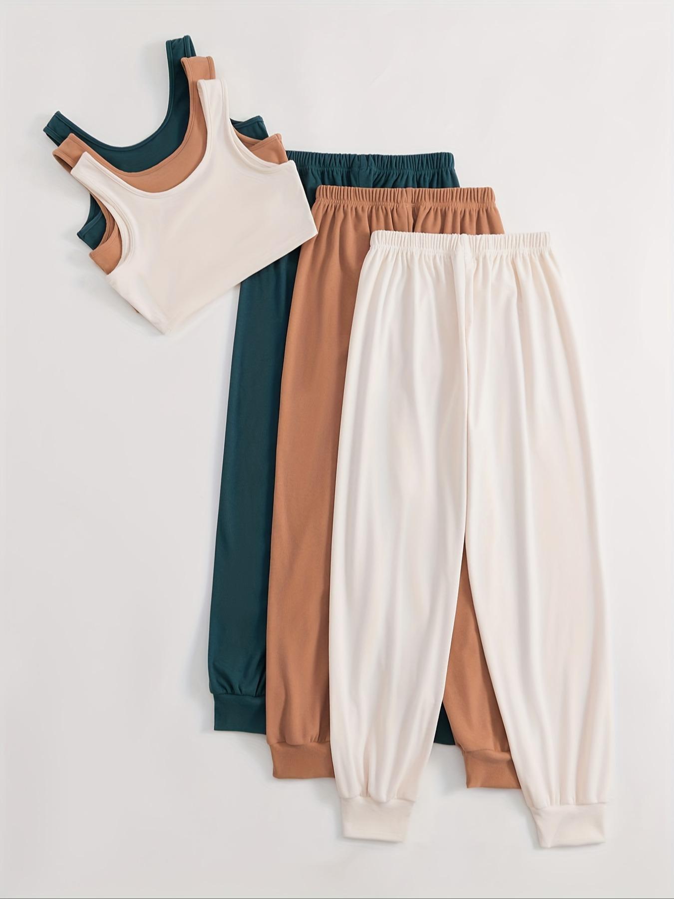 Women's Plain Pajama Pants Set, Girl Nightwear, Basic Crop Tank Top & Tie Front Elastic Waist Lounge Pants Pj Set, Summer Homewear & Sleepwear, Summer Loungewear 2024