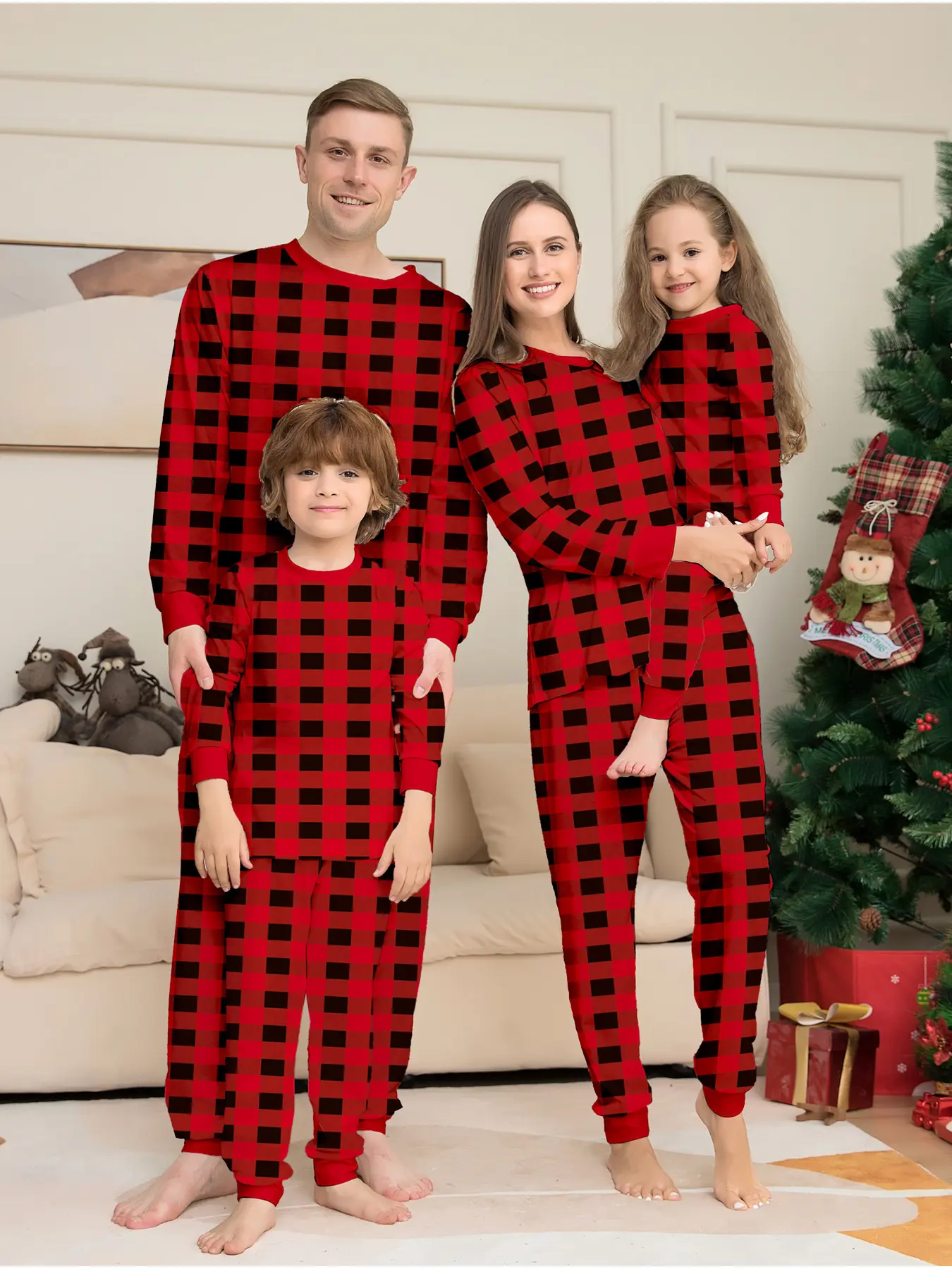 Family Matching Christmas Pajamas Set for 4, Santa & Tree Print Two-piece Loungewear with Red Trim, Soft Breathable Knit, Perfect for Xmas Photos, Party & Daily Sleep