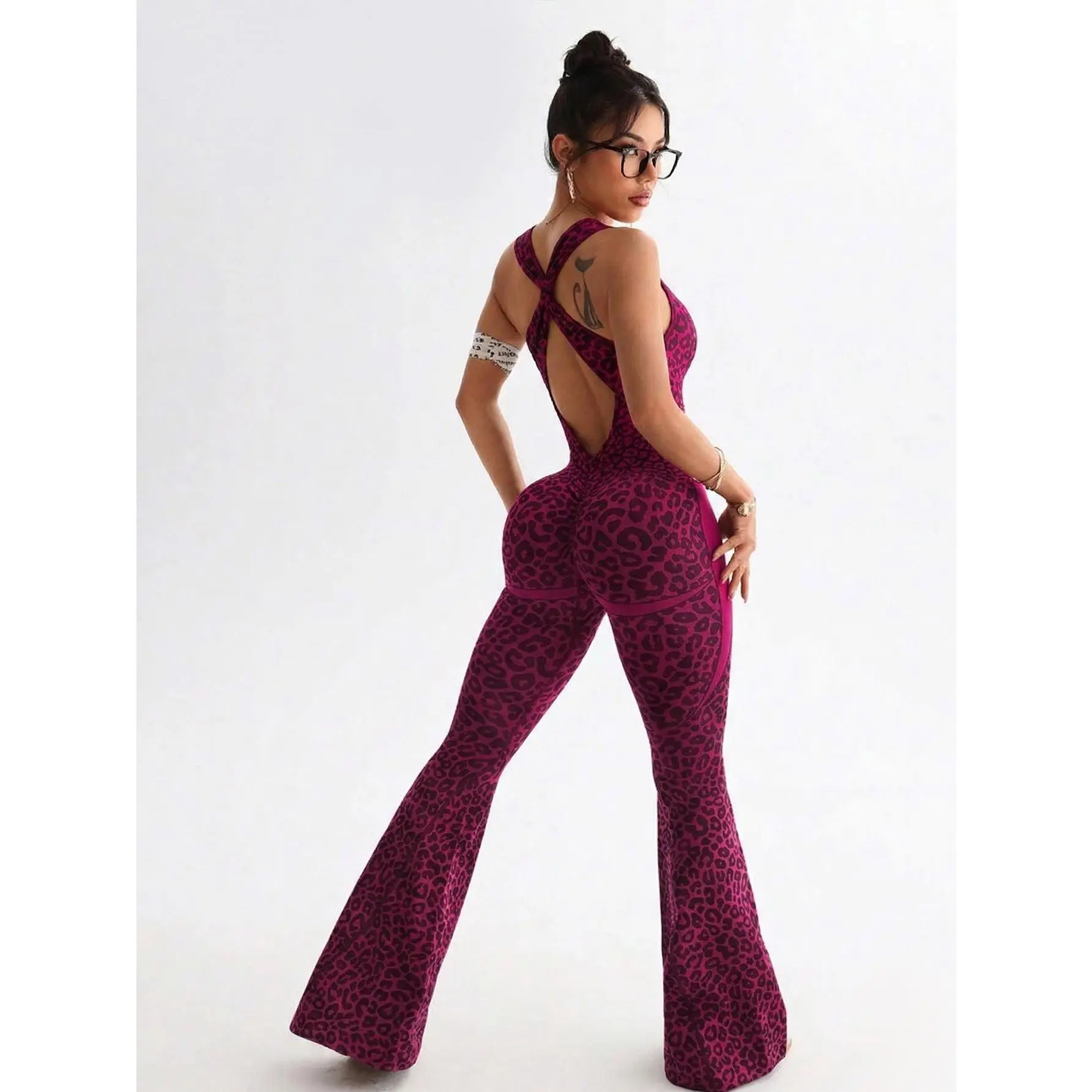 Women's seamless bodysuit featuring a sexy deep V-neck, tummy-control design, and slight flare legs; suitable for fitness, yoga, athleisure, and streetwear.