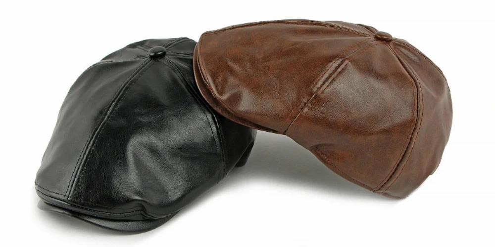 HT4937 Mens Beret Women Autumn Winter PU Leather Hat Retro Artist Painter Beret Hat Male Female Ivy Flat Cap Octagonal Beret Cap