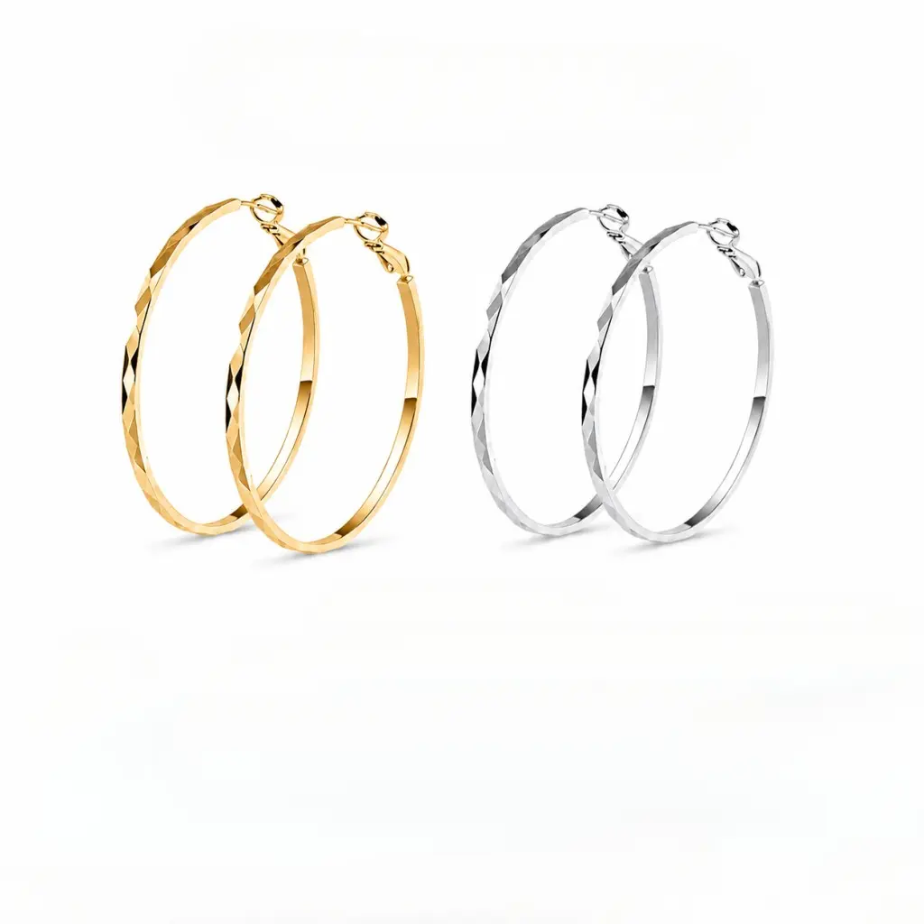 Women's Hypoallergenic S925 Silver Post Textured Hoop Earrings - Gold/Silver Plated Copper, 30mm/40mm/50mm/60mm 4 Multi-Size Selection, Lightweight Click Top Huggies, Classic Style Earrings, Gold Aesthetic, Sensitive Ears Gift for Anniversary Office Wear