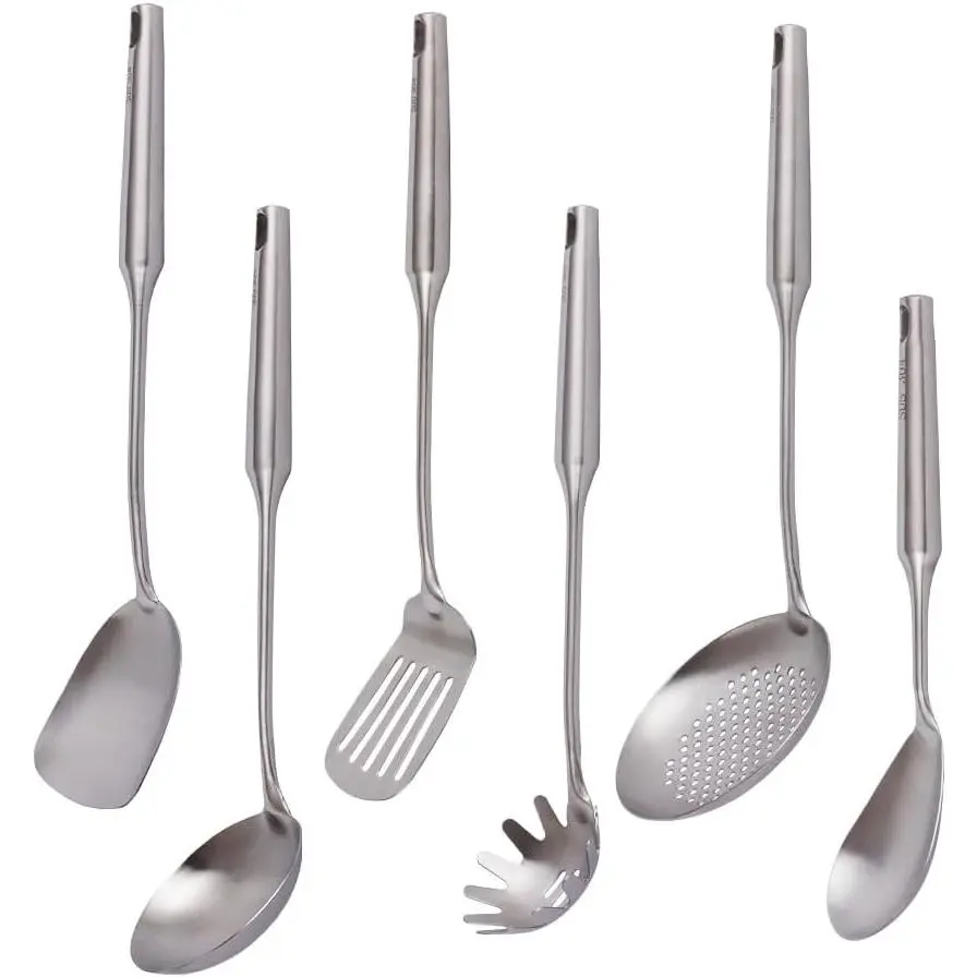 304 Stainless Steel Kitchen Utensils Set,  6 count Metal Cooking Utensils Set, metal spoon,Wok Spatula, Ladle, Skimmer Slotted Spoon,Serving Large Spoon, Slotted Spatula Tunner