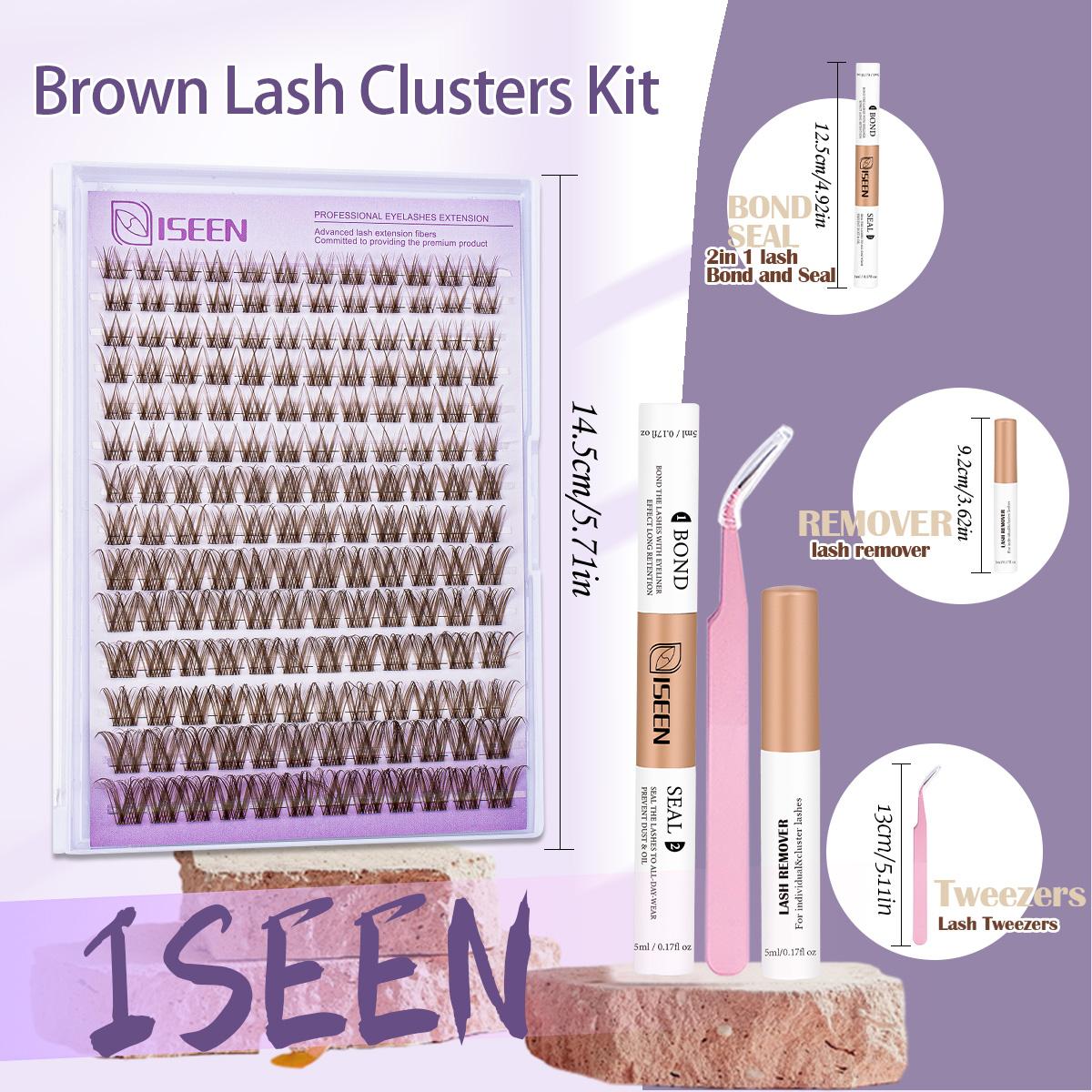 Brown Lash Clusters Natural Dark Brown Eyelash Extensions Kit for DIY, Deep Eyelashes in D Curl, Suitable for Beginners with Mixed Lengths, Bond&Seal&Remove&Tweezers, Cosmetics Makeup Tool