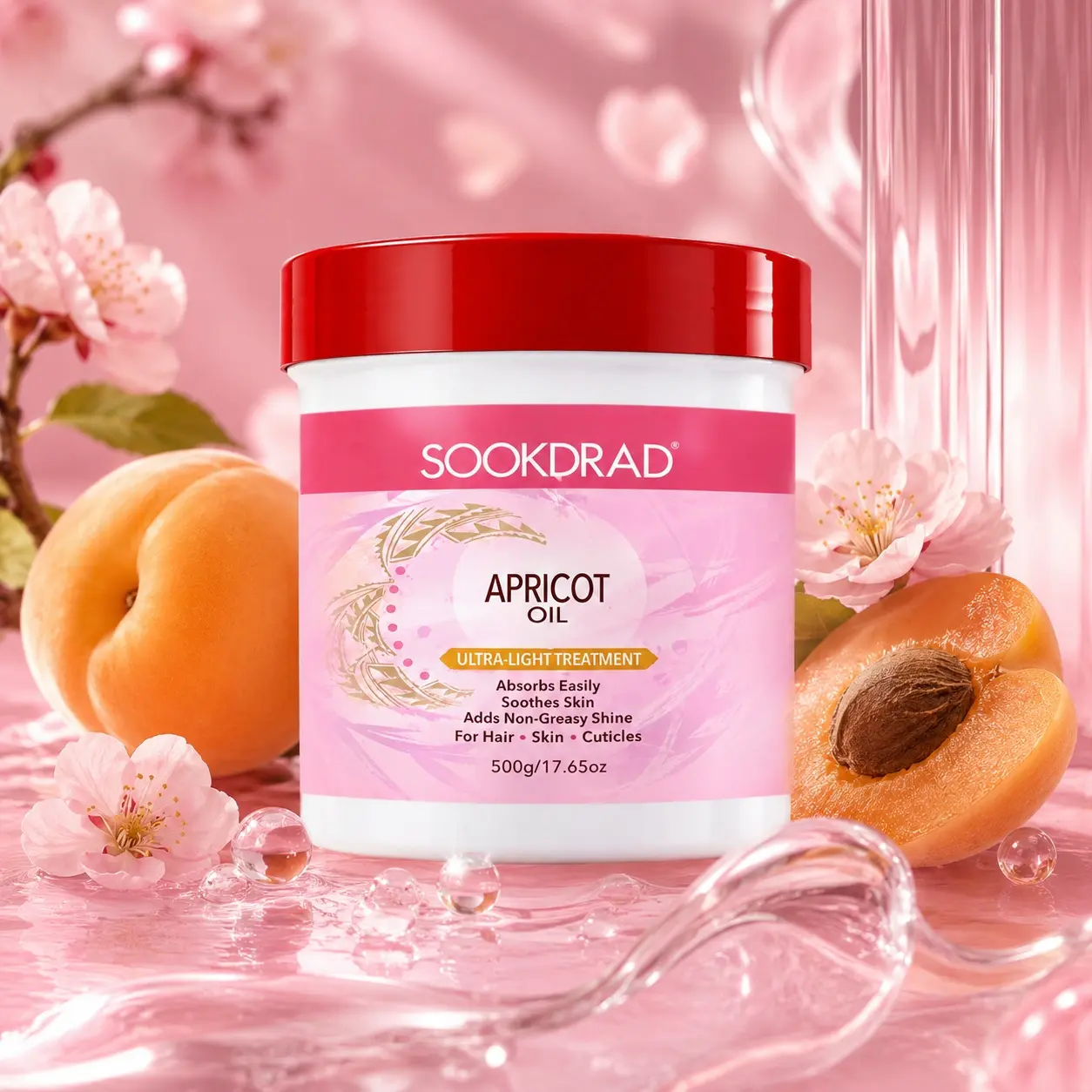 Apricot Oil, Ultra-Light Treatment, Absorbs Easily, Soothes Skin, Non-Greasy Shine, For Hair, Skin, Cuticles, 500g