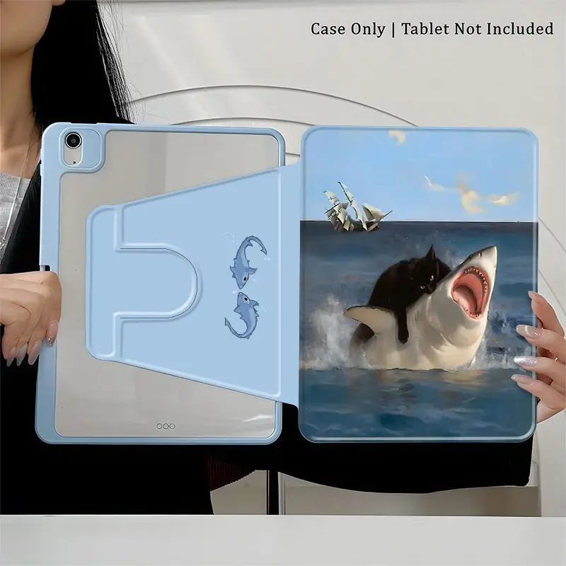 Black Cat Shark Aesthetic iPad Case, 360° Rotatable Shockproof Protective Cover, Cute Ocean Design, Full Edge Anti-drop Shell, Slim Durable Tablet Case, For iPad (A16) 11th Gen&10th Gen, Ideal Gift for Ocean Lovers & Daily Device Protection
