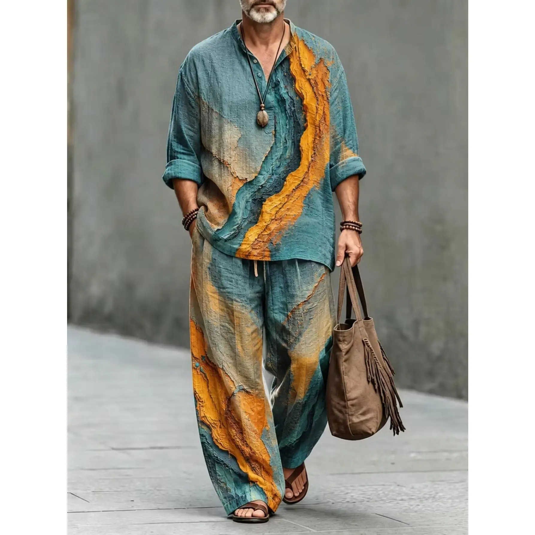 Men's 2-Piece Artistic Oil Painting Print Clothing Set, Stand Collar Half-Button Shirt & Drawstring Wide Leg Pants, Loose Boho Vacation Suit