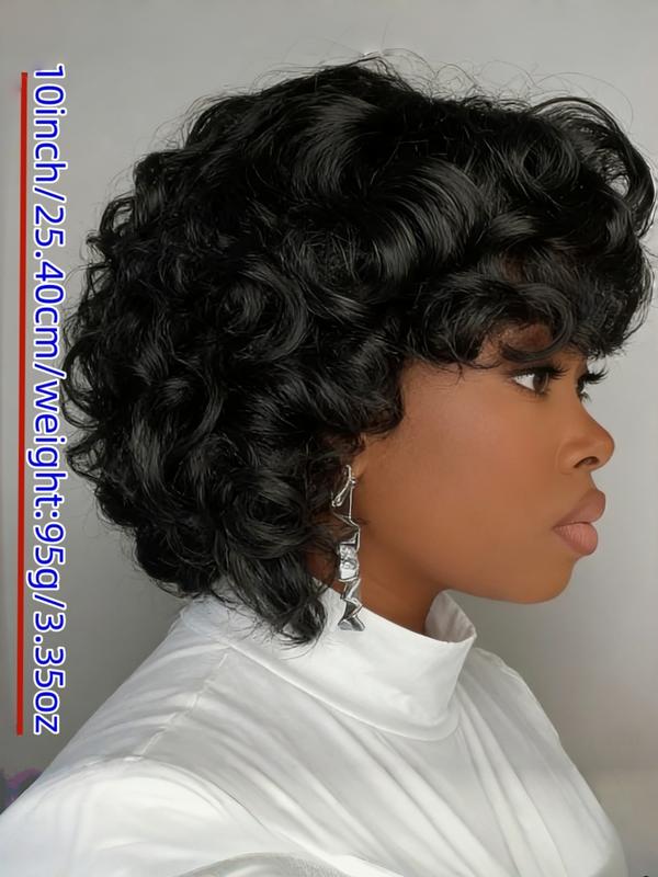 Women's Short Curly Bob Wig, 10-Inch Chicken Rolls Human Hair Elf with Bangs, Full Machine Made, 180% Density, Stylish & Versatile, Real Hair Wigs