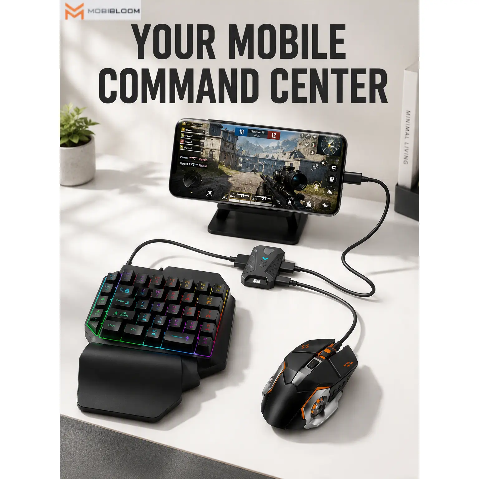 MOBIBLOOM Left-Hand Mobile Gaming Keyboard and Mouse Combo for Android Gaming Setup, 35 Game-Specific Keys, RGB Lighting, Thin Film Design (Not Compatible with iOS)