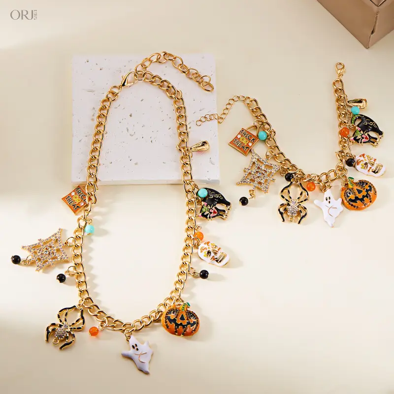 Halloween Jewelry Set, Pumpkin Ghost Spider Alloy Bracelet & Necklace, Funny Spooky Matching Accessory Kit, Versatile Holiday Outfit Decor, Ideal Gift Set for Halloween Party Fans